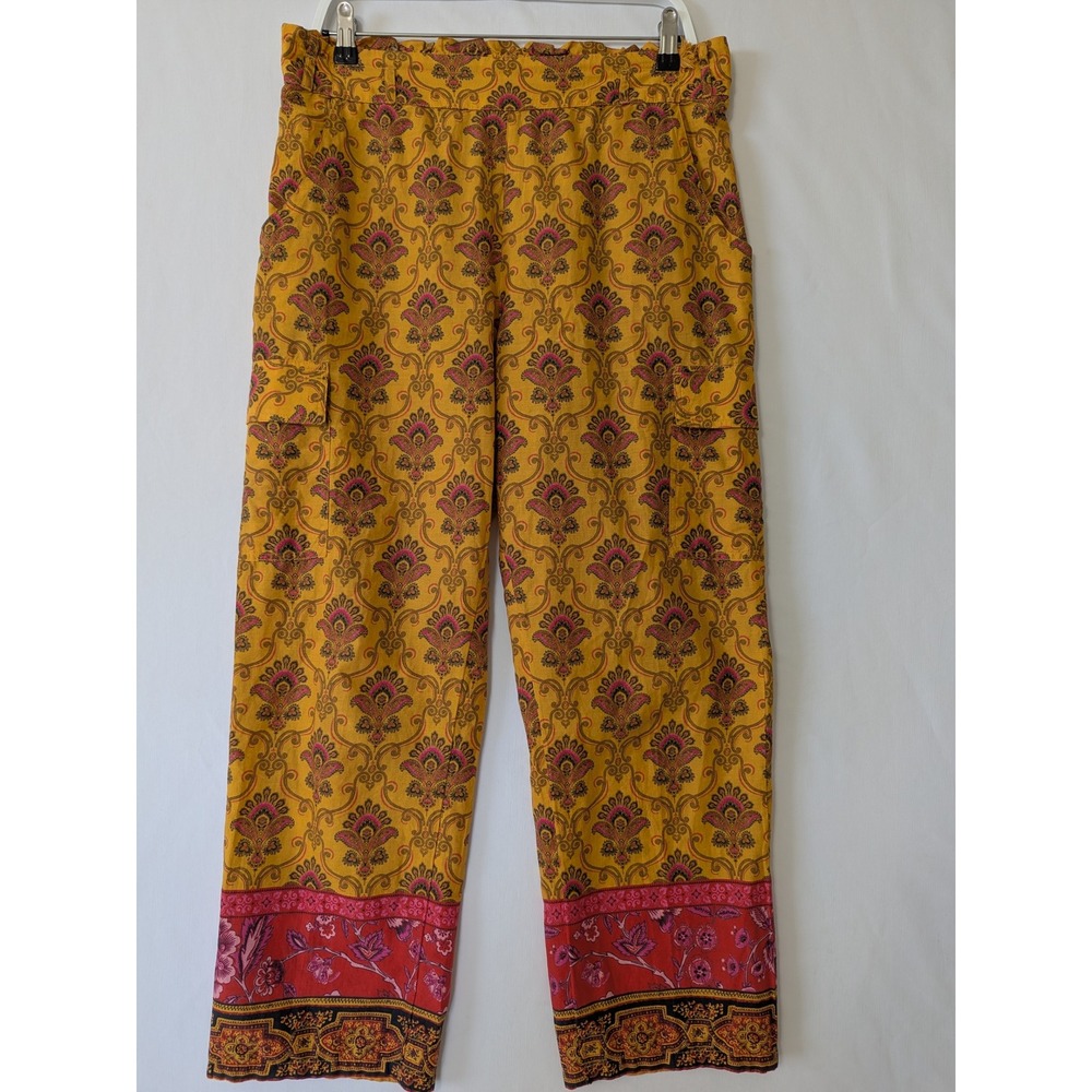 Sundance Womens Yellow Paisley Damask Cargo Pants Cotton Boho Red Border Hem S - Picture 2 of 9